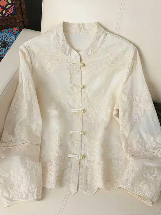 新中式国风蕾丝双层衬衫女秋季立领提花重工刺绣复古盘扣长袖上衣