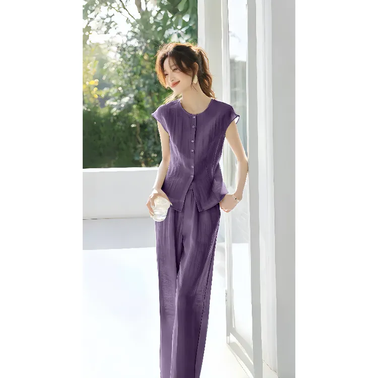 轻通勤圆领松弛感显瘦无袖上衣长裤两件套2025夏新款套装气质休闲