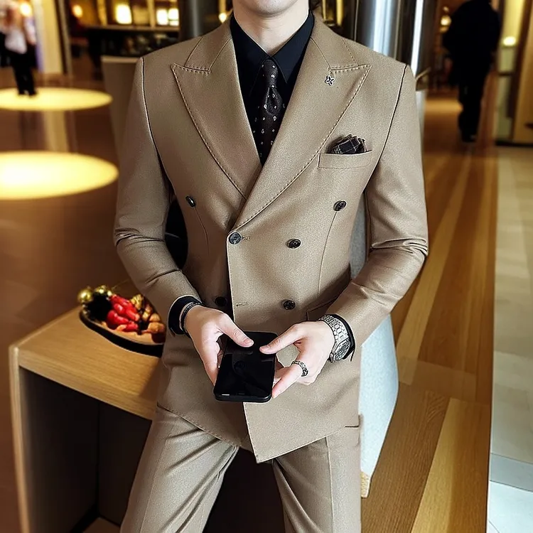 高级感新郎西装男套装商务休闲正装主持礼服秋冬双排扣西服三件套