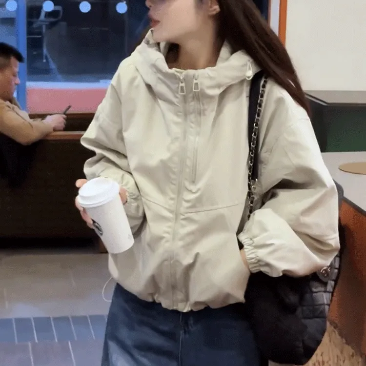 双拉链连帽夹棉加厚短外套女秋冬季新款小个子宽松显瘦冲锋衣上衣