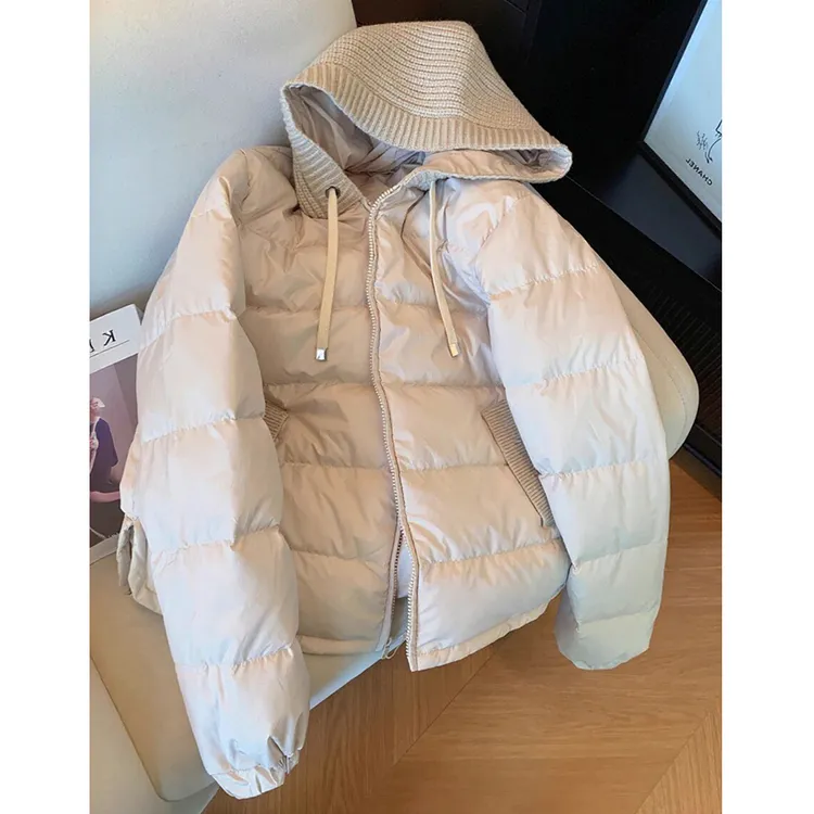 设计感独特好看针织拼接连帽棉服女秋冬温柔减龄保暖拉链连帽外套