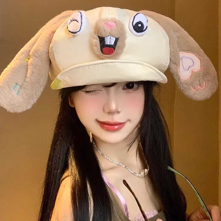 卡通可爱小兔子耳朵贝雷帽女春夏显脸小云朵画家帽大头围八角帽子