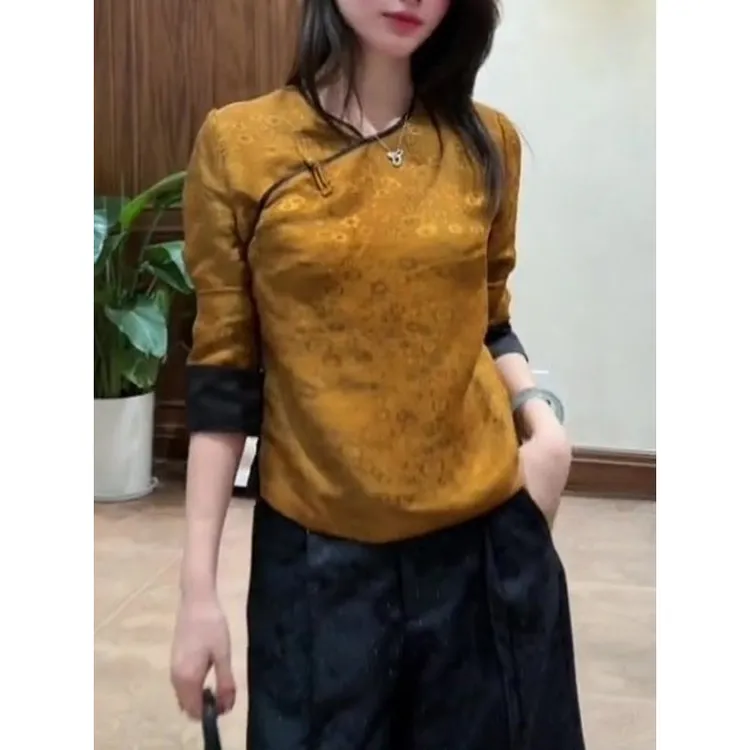 新中式复古风圆领斜襟长袖女2025年秋季新款气质时尚高级感上衣女