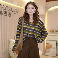 2025早秋新款韩系慵懒风撞色条纹针织衫女设计感宽松显瘦上衣5796
