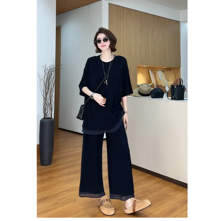 YYOUHAN 【慵懒周末】竖纹肌理感裤子T恤冰凉夏日套装 2505C2735