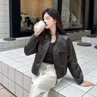 88111立翻领短款轻职风立领长袖皮衣女士百搭宽松翻领