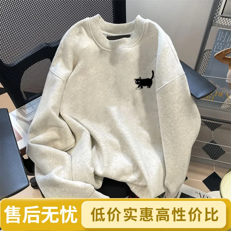 慵懒风潮流时尚小猫印花百搭宽松小众设计感圆领无帽卫衣男女
