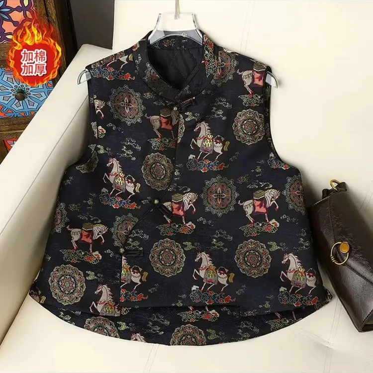 加棉提花加厚复古立领秋冬奢华风复古民族风保暖唐装马夹