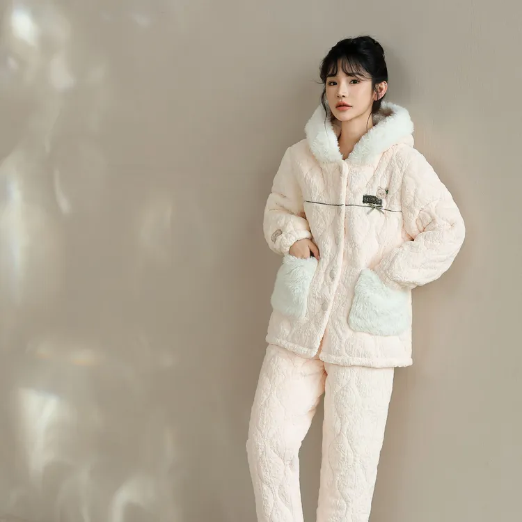 【波比鸟】三层夹棉加厚保暖防静电厚款睡衣加厚家居服套装长裤冬季