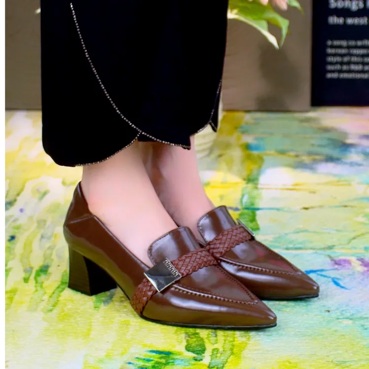 法式复古编织深口单鞋女2025春秋新款百搭尖头粗跟一脚蹬高跟鞋