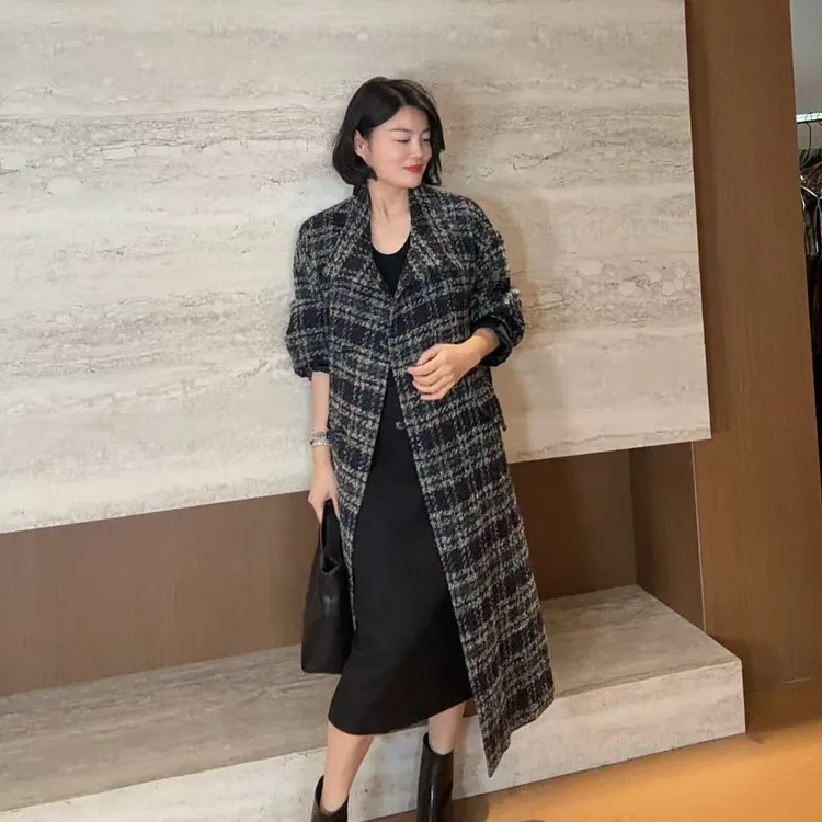 TANTAN 休闲复古百搭格子秋冬大衣毛呢外套3222