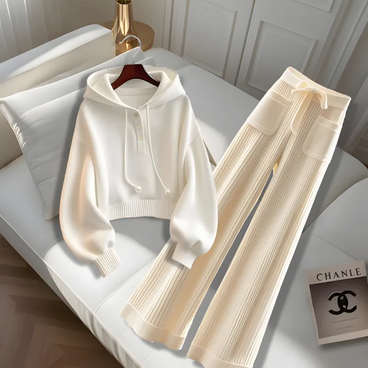 2025秋季新款白色连帽休闲宽松抽绳卫衣百搭直筒阔腿裤时尚套装女