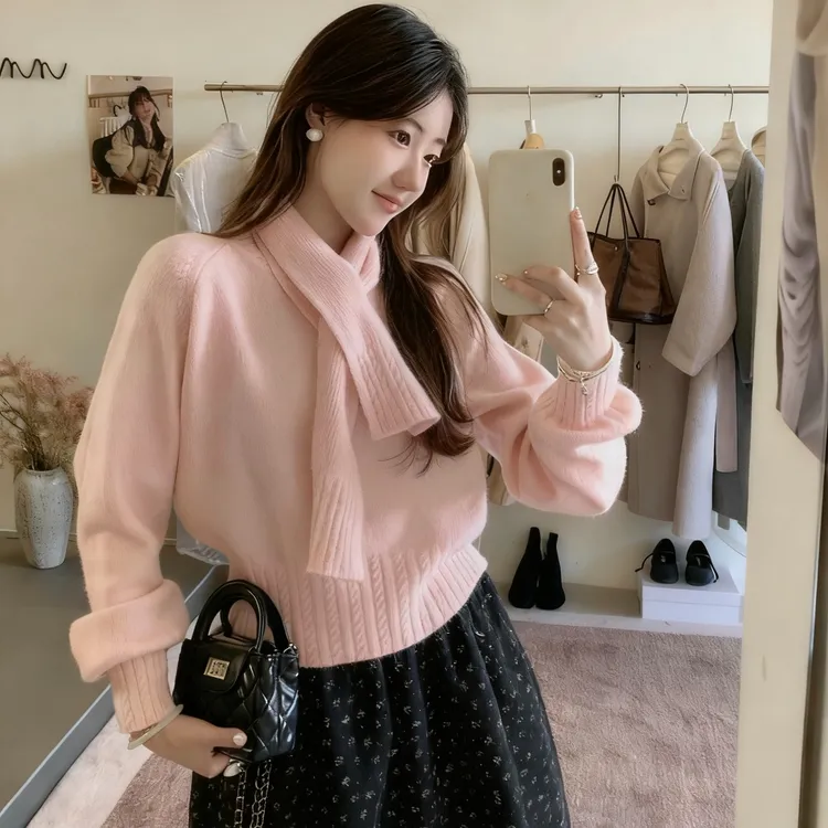 【原版送围巾】圆领套头针织毛衣百搭宽松气质秋冬新款毛针织衫内搭