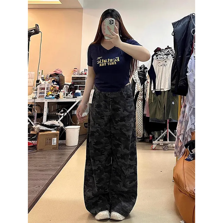 300斤大码复古美式迷彩工装裤胖mm高腰显瘦休闲百搭阔腿牛仔裤女