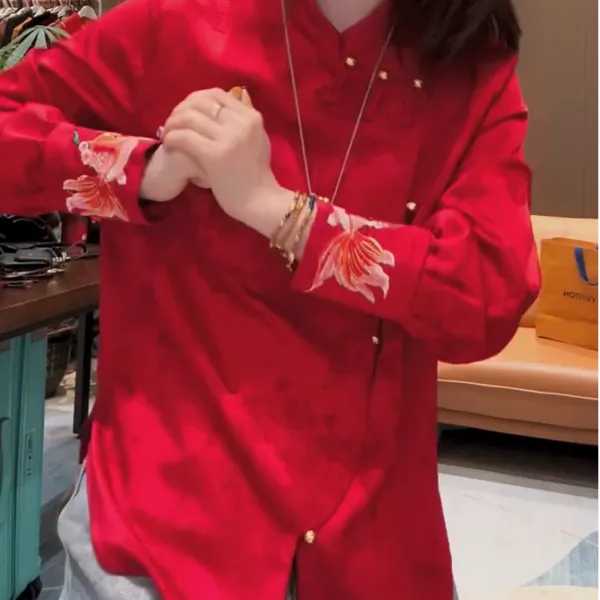 刺绣年年有鱼大码衬衫新中式国风国潮提花缎打底衫红色本命年女士