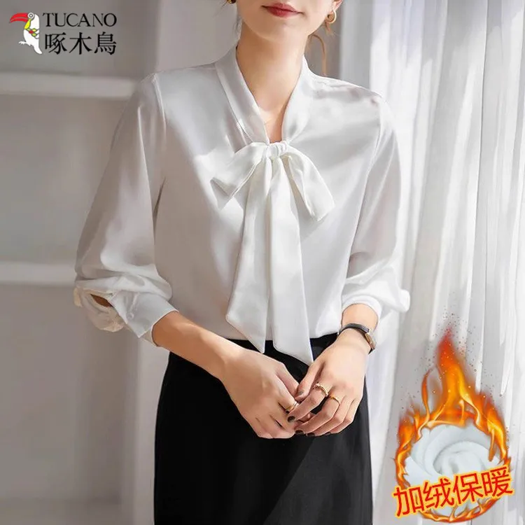 TUCANO/啄木鳥蝴蝶结上衣秋冬加绒飘带白衬衫百搭宽松职业衬衣女