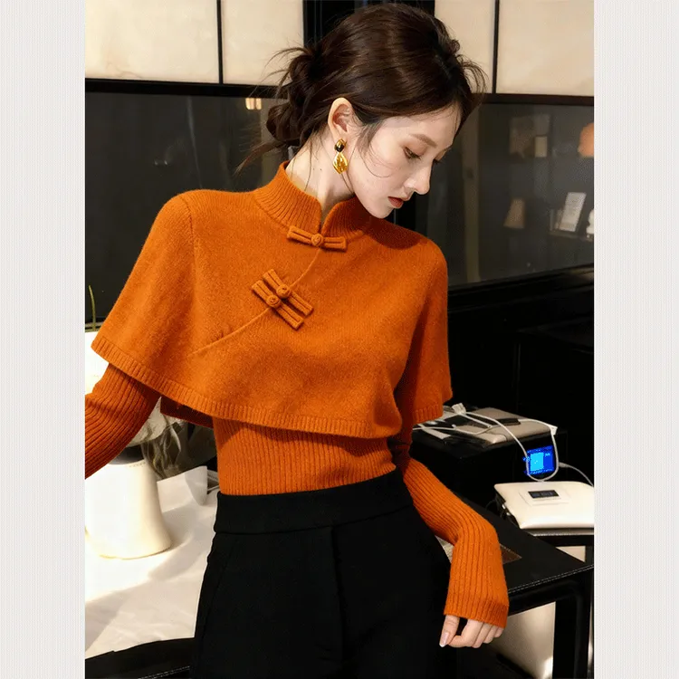新中式橘色斗篷盘扣毛衣女冬季高级小众上衣轻熟气质巨好看针织衫