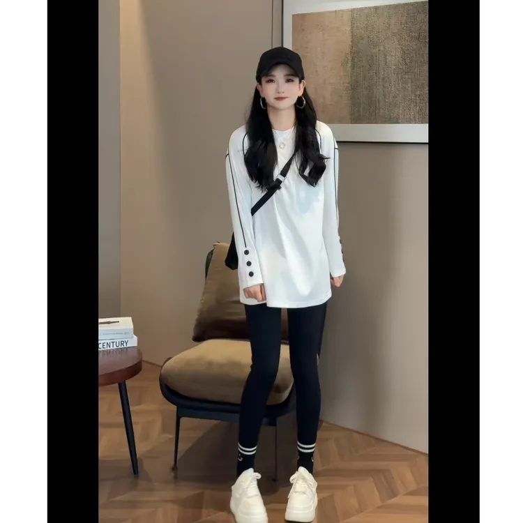 拿恋JGCPB88815#韩系气质高级感撞色线条T恤88815