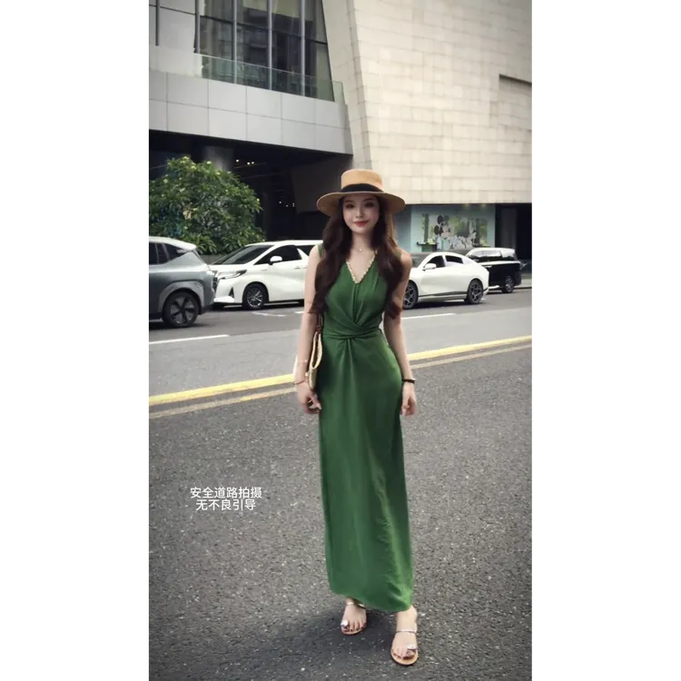 parkyeon法式设计感绑带V领背心连衣裙女夏季新款收腰显瘦长裙