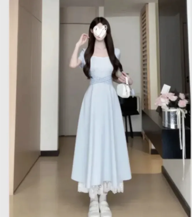 法式气质方领格子绑带夏季设计感时尚连衣裙B251Q0793