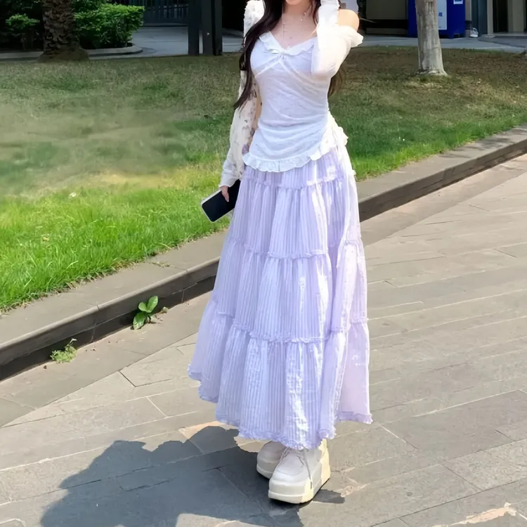 香芋奶昔 夏季温柔宽松长袖罩衫吊带罩衫上衣吊带半身裙三件套女