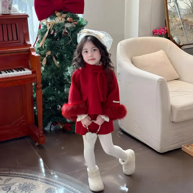 女童加绒唐装冬季新款韩版洋气时尚小香风加厚毛呢新年拜年服套装
