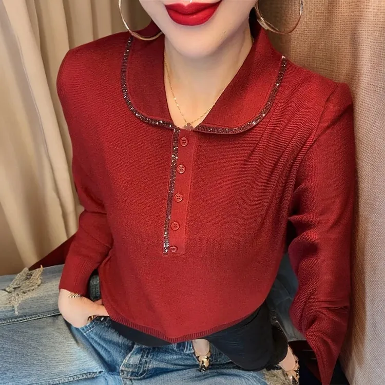 2025时尚气质中年妈妈装打底冰麻针织衫秋冬长袖宽松遮肉烫钻毛衣