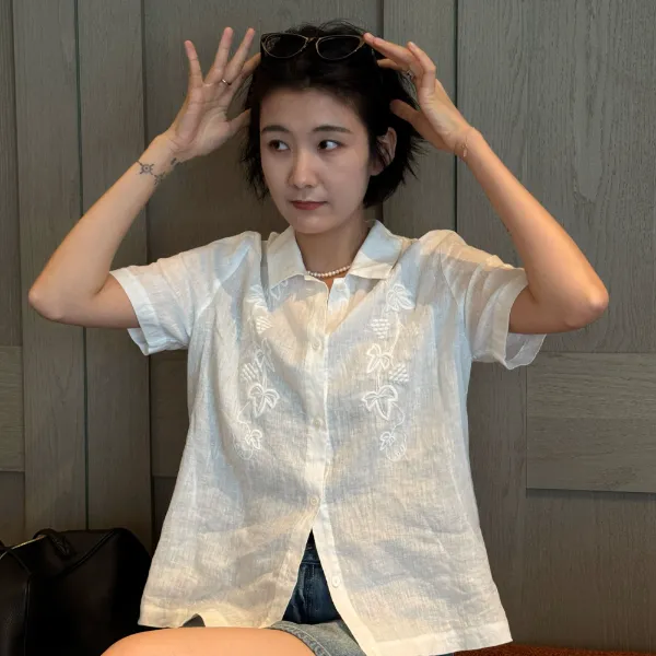 浪清/女装推荐 欧茵珊花卉刺绣亚麻衬衫45631#