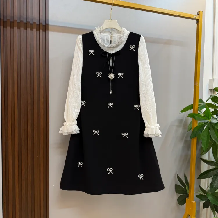 新款大码女装时尚洋气甜美减龄衬衫砍袖连衣裙两件套套装