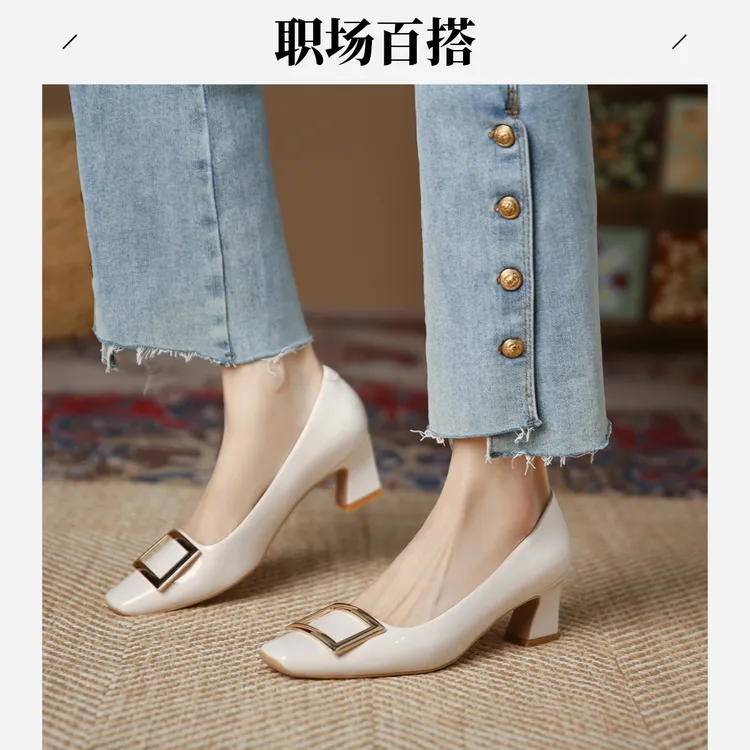 女款2025中跟精致百搭圆头亮面蝴蝶结舒适韩系优雅高跟气质风格医