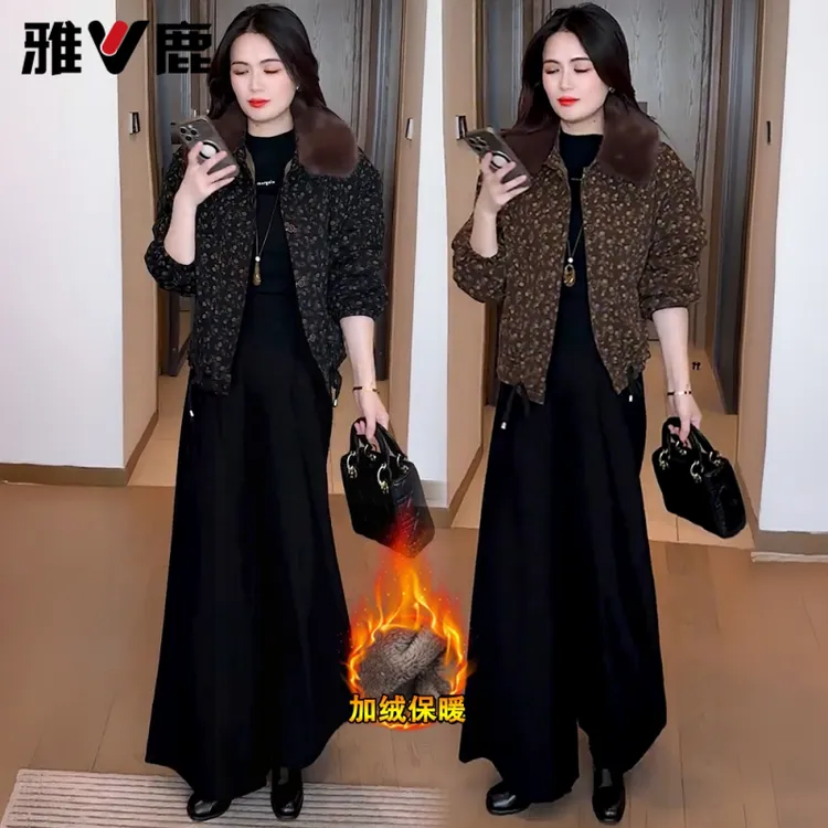 雅鹿加绒印花短外套2025冬新款小个子加厚保暖大毛领夹克