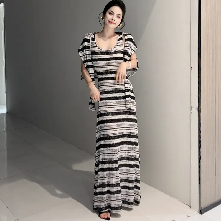 长裙条纹短袖夏季裙子通勤复古连衣裙宽松时尚显瘦气质休闲修身