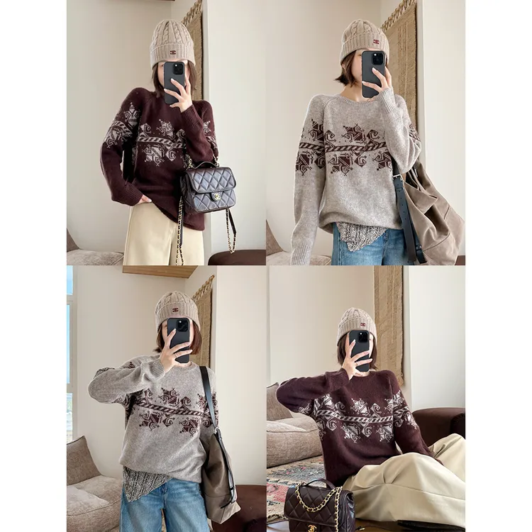【唐悠悠mgdm】澳洲桑蚕丝羊绒上衣费尔岛风宽松圆领毛衣女针织衫