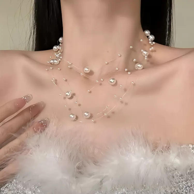 铜仿珍珠项链 香氛满天星~多层珍珠项链高级感礼服配饰锁骨链颈链商品图