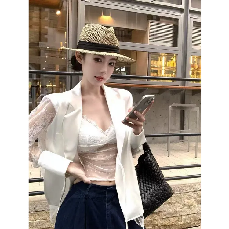 2025新款纯欲拼接蕾丝西服领薄外套时尚醋酸防晒西服外套上衣裤子