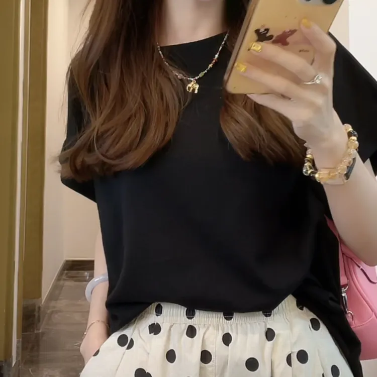 时尚设计款潮流百搭休闲纯色圆领短袖t恤女2025夏季新款减龄上衣