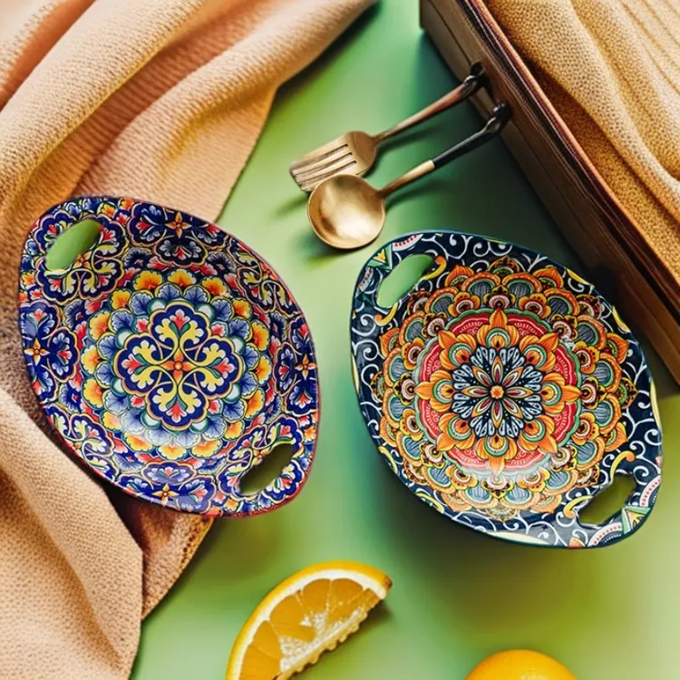 红绿混装-8.5英寸元宝碗2个装釉下彩陶瓷家用创意双耳大碗餐具