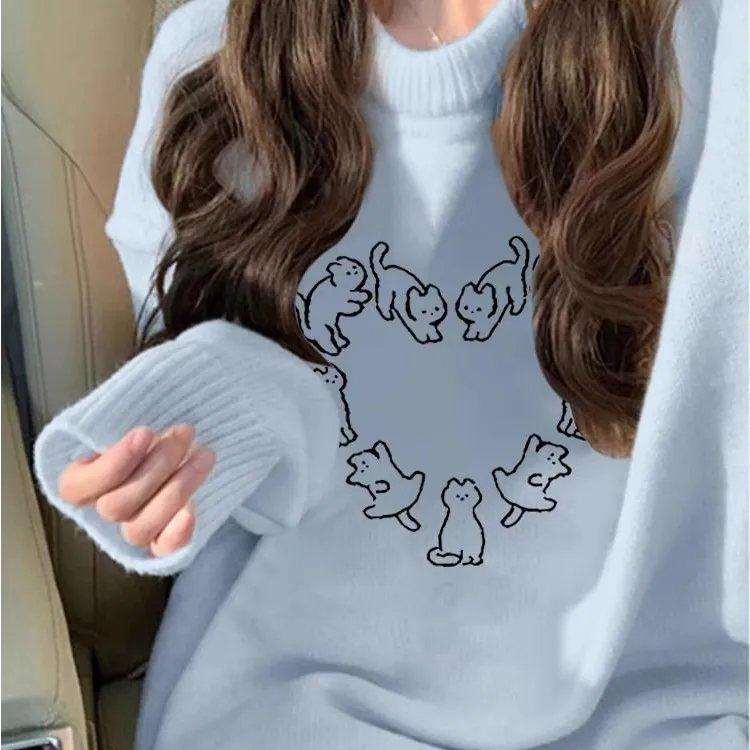 天蓝色软糯慵懒风小个子圆领毛衣男女秋冬季卡通ins潮牌宽松上衣