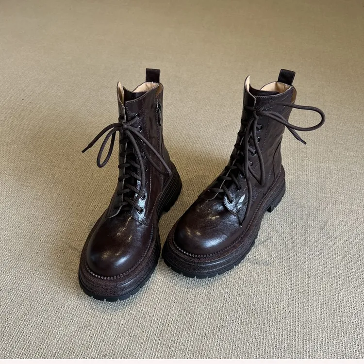 牛皮版~真皮厚底马丁靴女2025秋冬新款加绒小个子英伦风酷飒短靴」