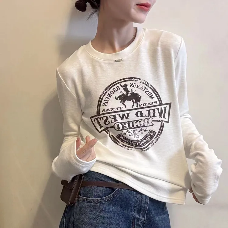 加绒打底衫保暖新款今年流行爆款t恤内搭高级感长袖字母印花上衣