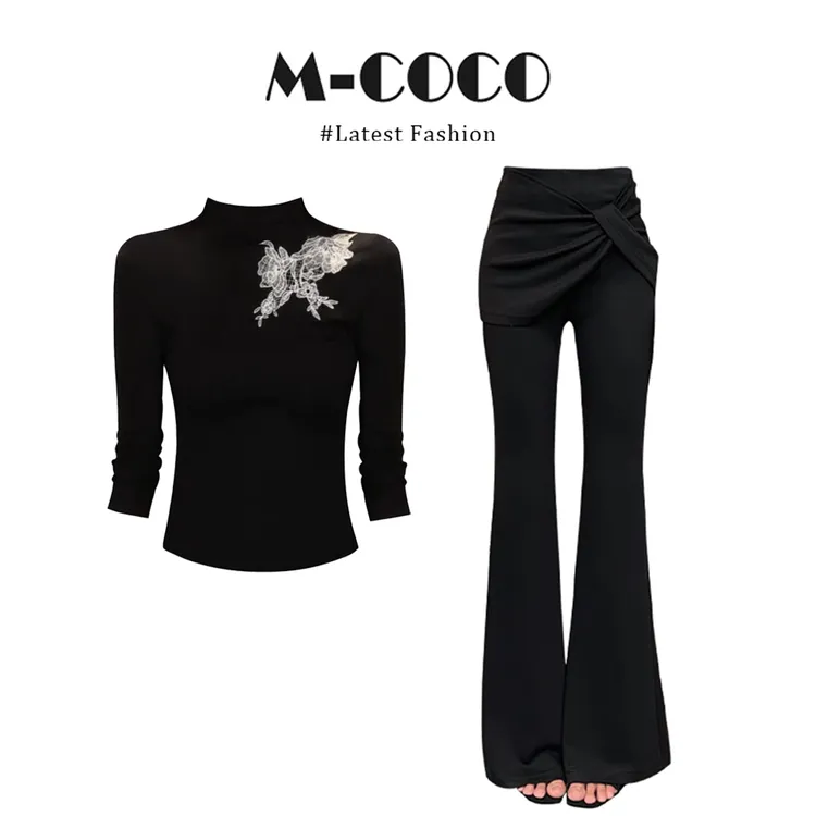 MARIE.COCO新中式氛围感蝴蝶结黑色刺绣长袖T恤喇叭裤秋季两件套