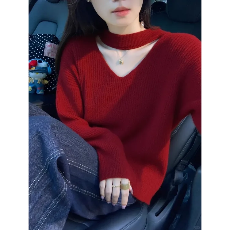 韩系独特漂亮红色挂脖针织衫女2025秋季新款气质优雅百搭显瘦毛衣