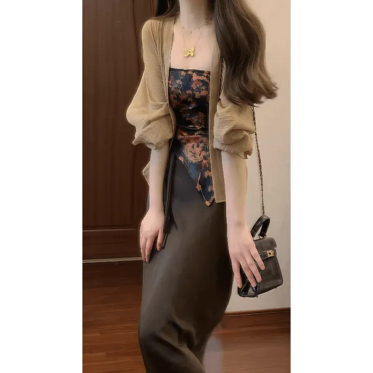 新中式国风衣服套装清冷禅意慵懒风穿搭抹胸半身裙外搭三件套女装