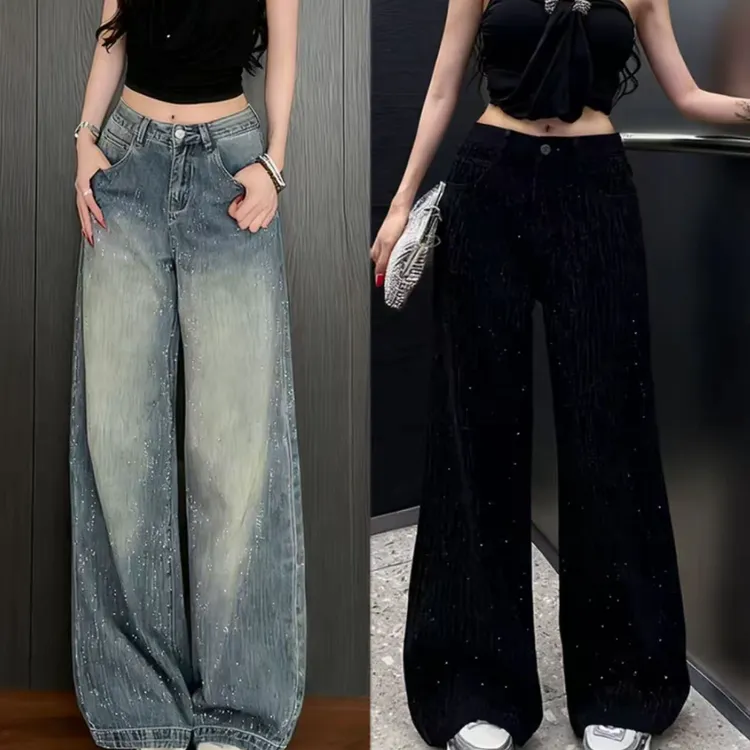 3002/2027新款冬季宽松烫钻满天星加绒/单料牛仔阔腿裤