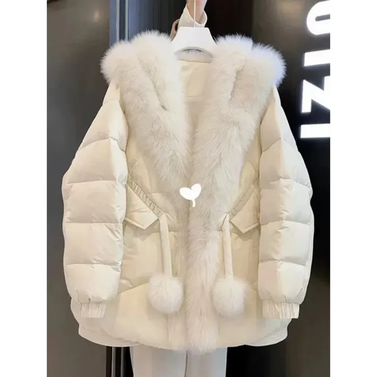 韩系穿搭甜美大毛领棉服女装冬季新款高级感时尚显瘦百搭白色外套