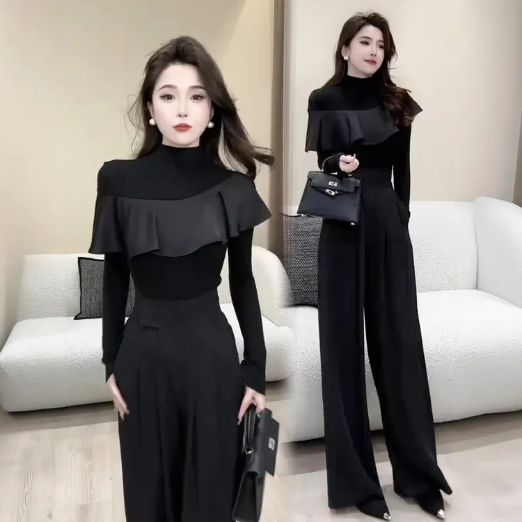 加绒法式气质荷叶边拼接长袖T恤女秋季新款修身显瘦打底衫上衣