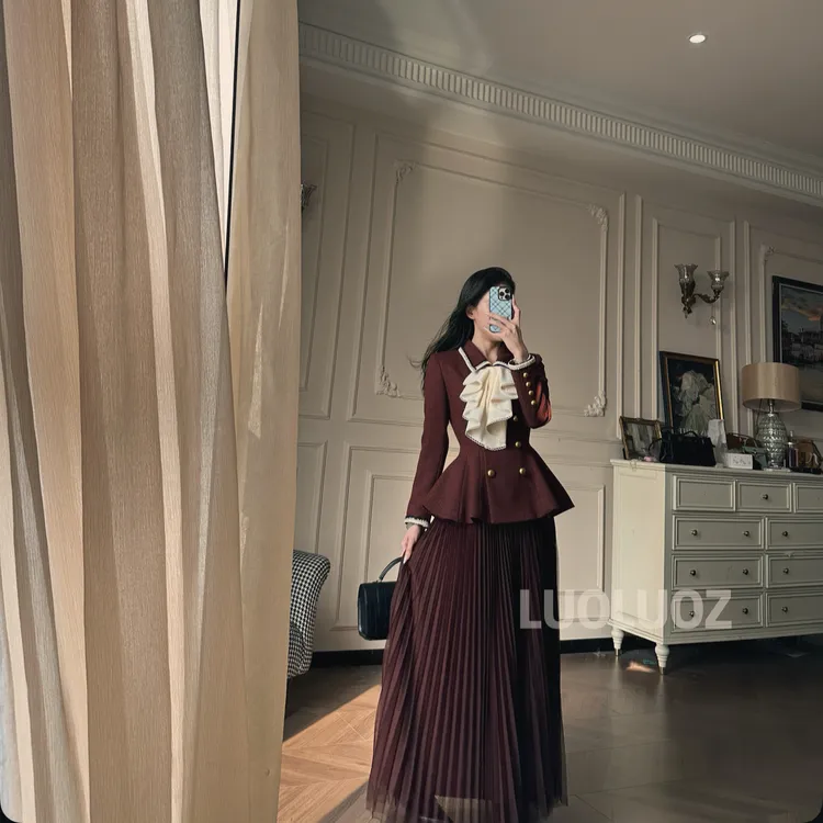 LUOLUOZ【落日花崎】气质绝美拼接丝带上衣＋半身长裙两件套JF1004