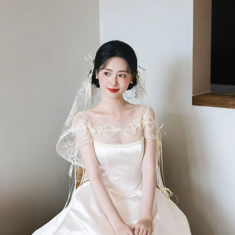 合金婚庆饰品 新款刺绣唯美蝴蝶结新娘头纱M50
