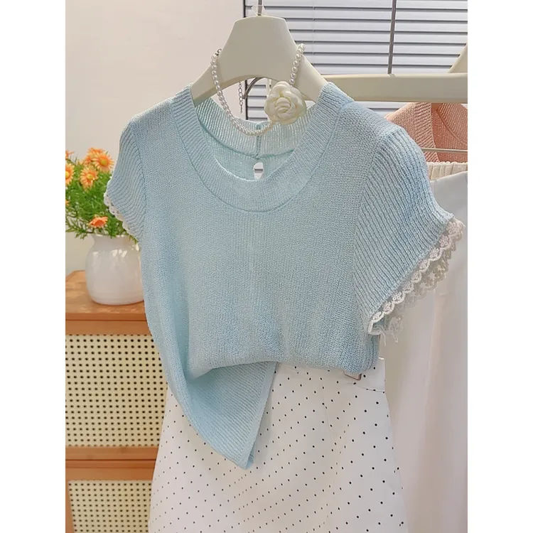 法式氛围感奶蓝色正肩冰丝针织短袖设计感薄款后背镂空珍珠上衣夏