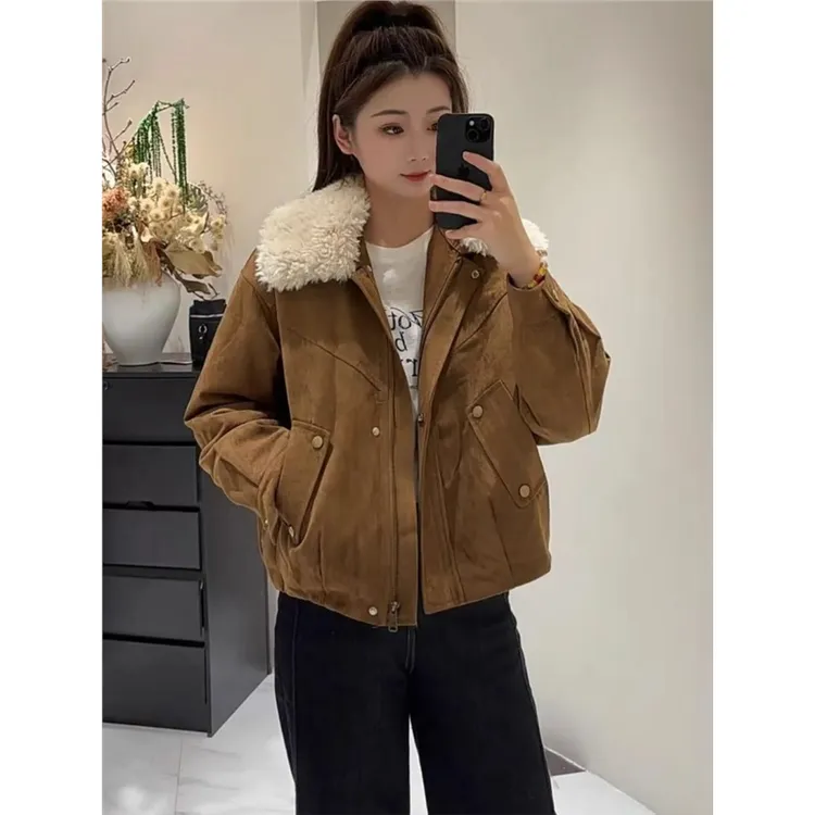 可拆卸毛领夹棉皮绒棉服女冬季新款宽松显瘦加厚保暖棉衣潮